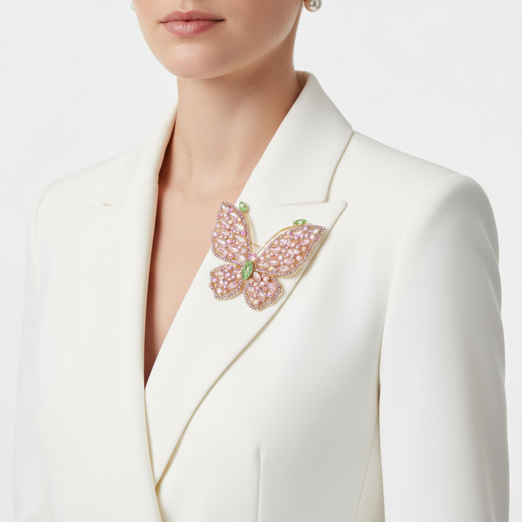 Pink Crystal Butterfly Brooch on White Blazer