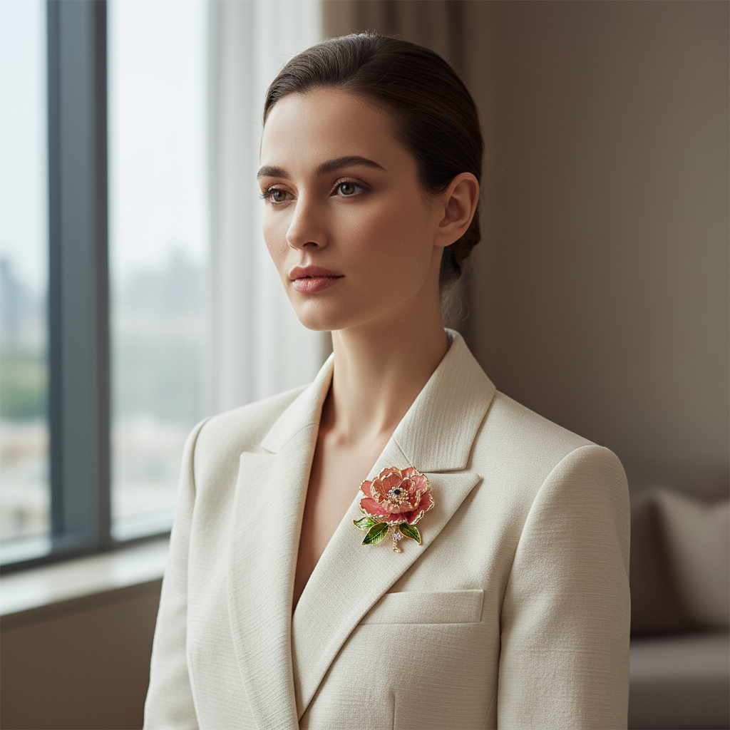 Pink Peony Brooch on Cream Blazer