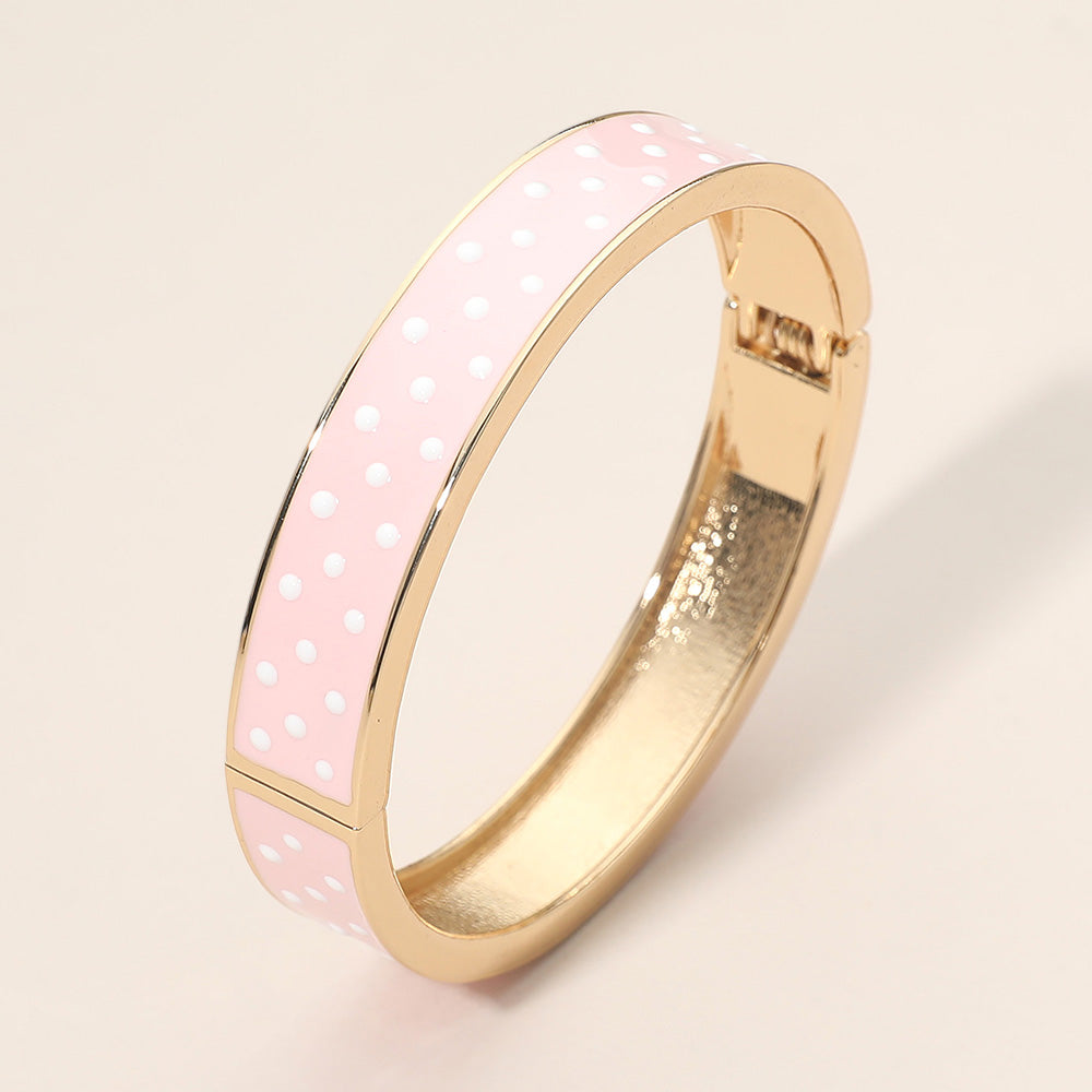 Gold and Pink Polka Dot Enamel Hinged Bangle Bracelet for Women Vintage Inspired Fashion Jewelry