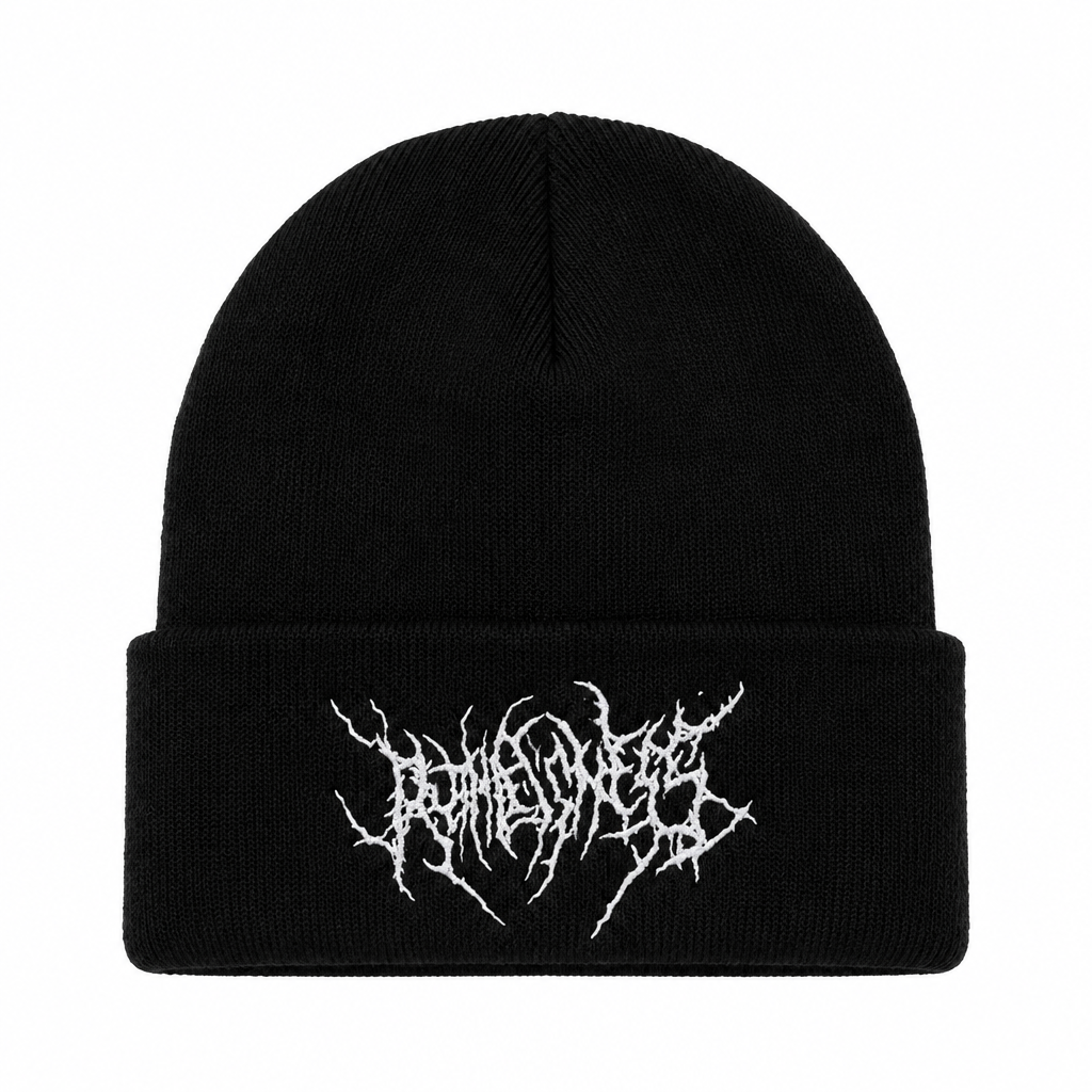 Product-only front shot of black gothic embroidered beanie