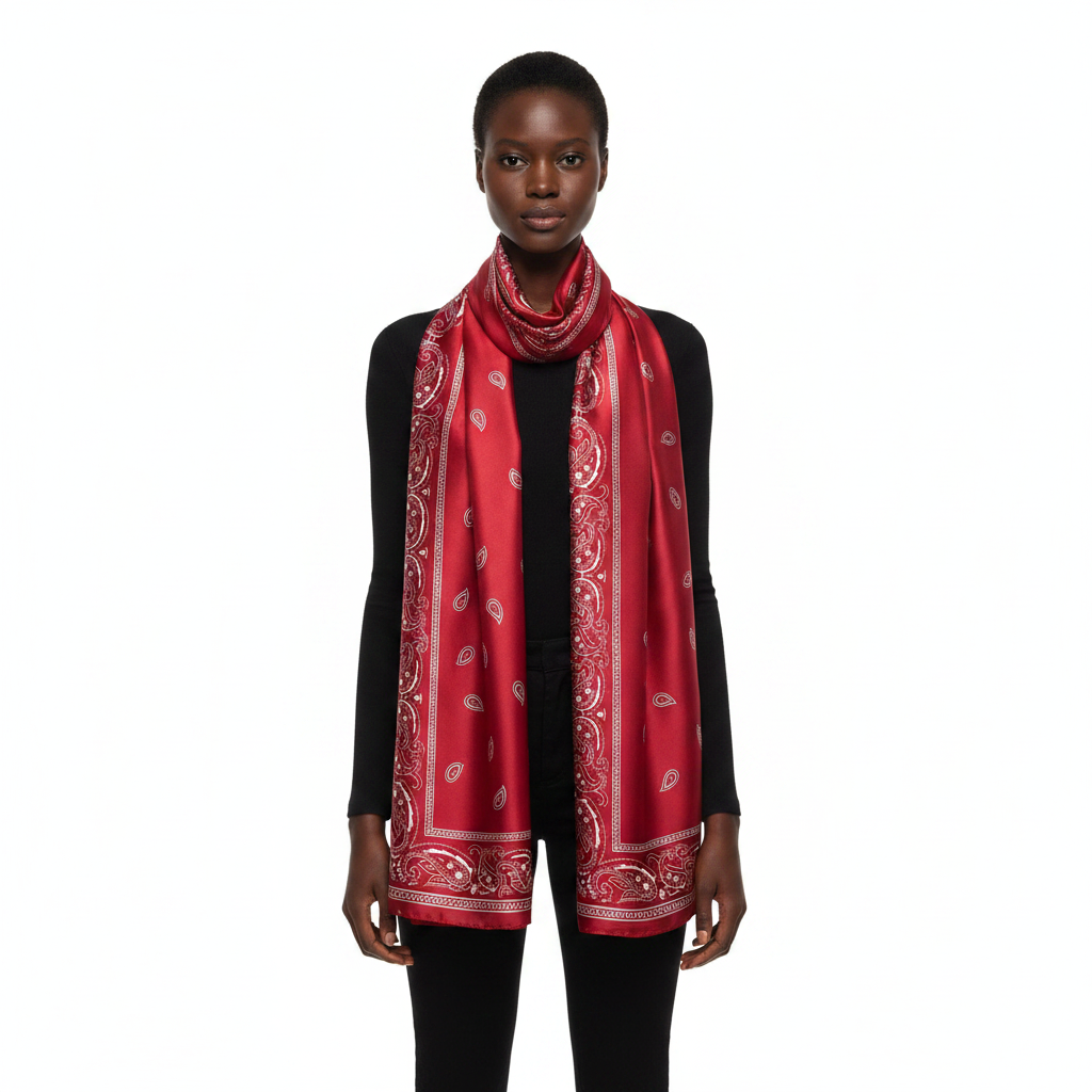 Red Paisley Long Scarf Front