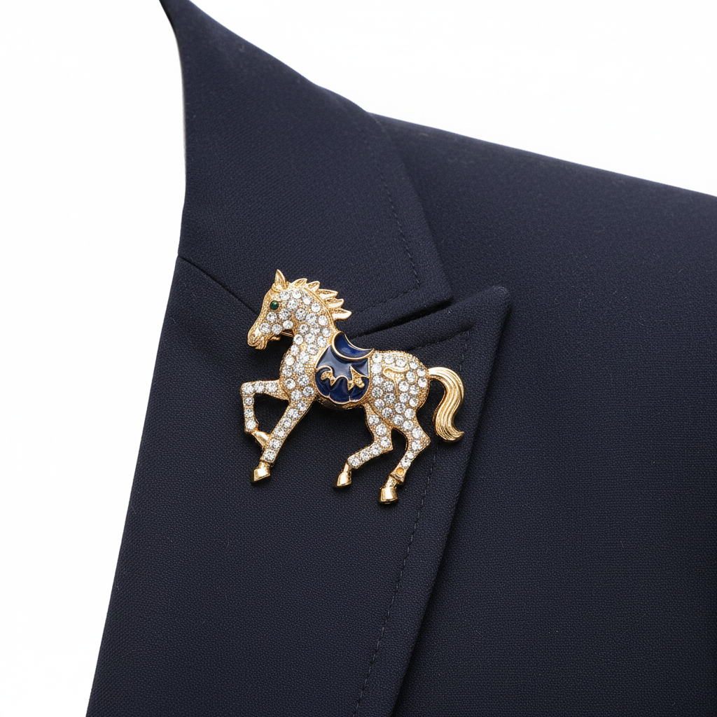 Rhinestone Horse Brooch on Navy Blazer