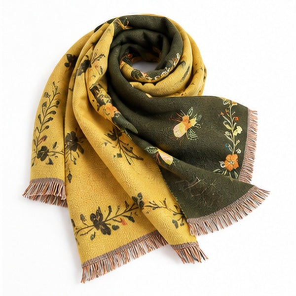 Reversible Bee & Floral Print Shawl Wrap Scarf – Olive Green & Mustard Yellow with Fringe