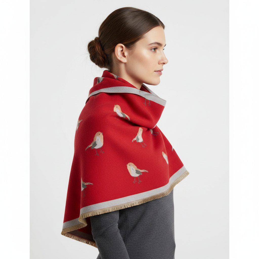 Side lifestyle - Red Robin Bird Shawl Scarf