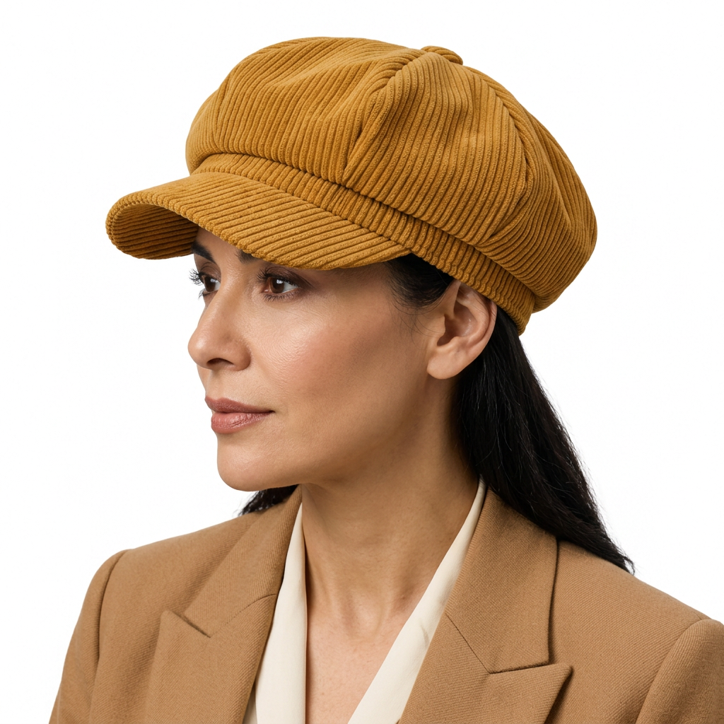 Side lifestyle view of mustard corduroy newsboy cap