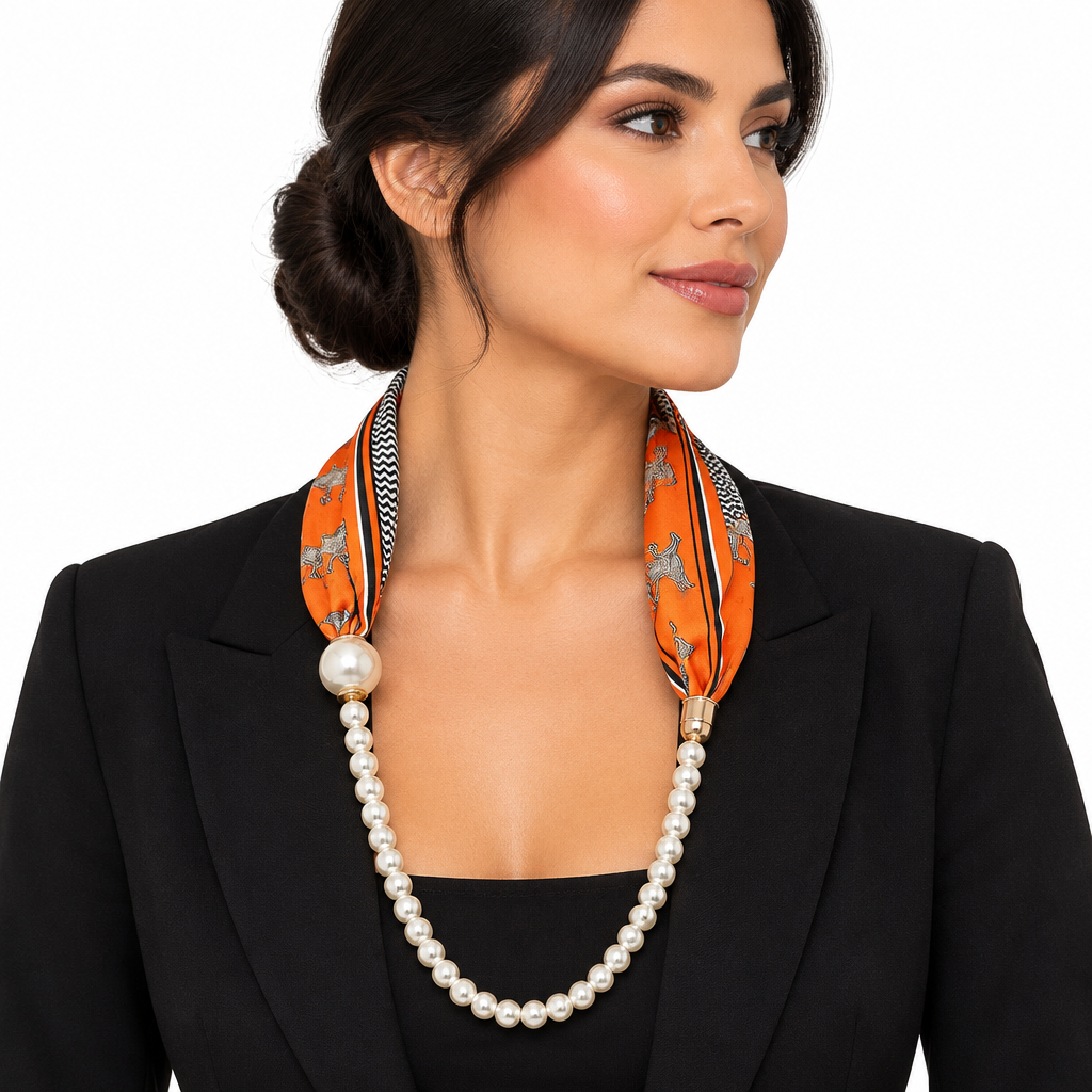 Side-view lifestyle image of the orange scarf necklace