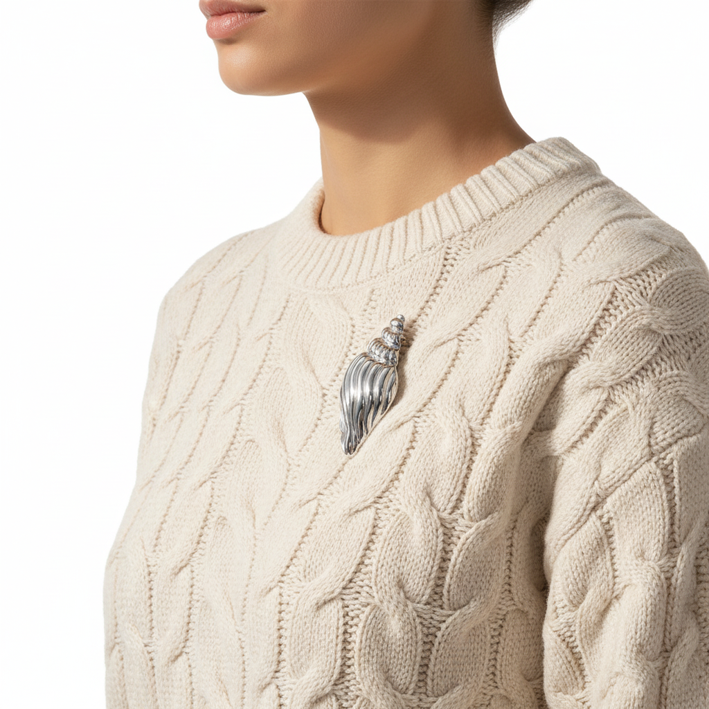 Silver Shell Brooch on Sweater