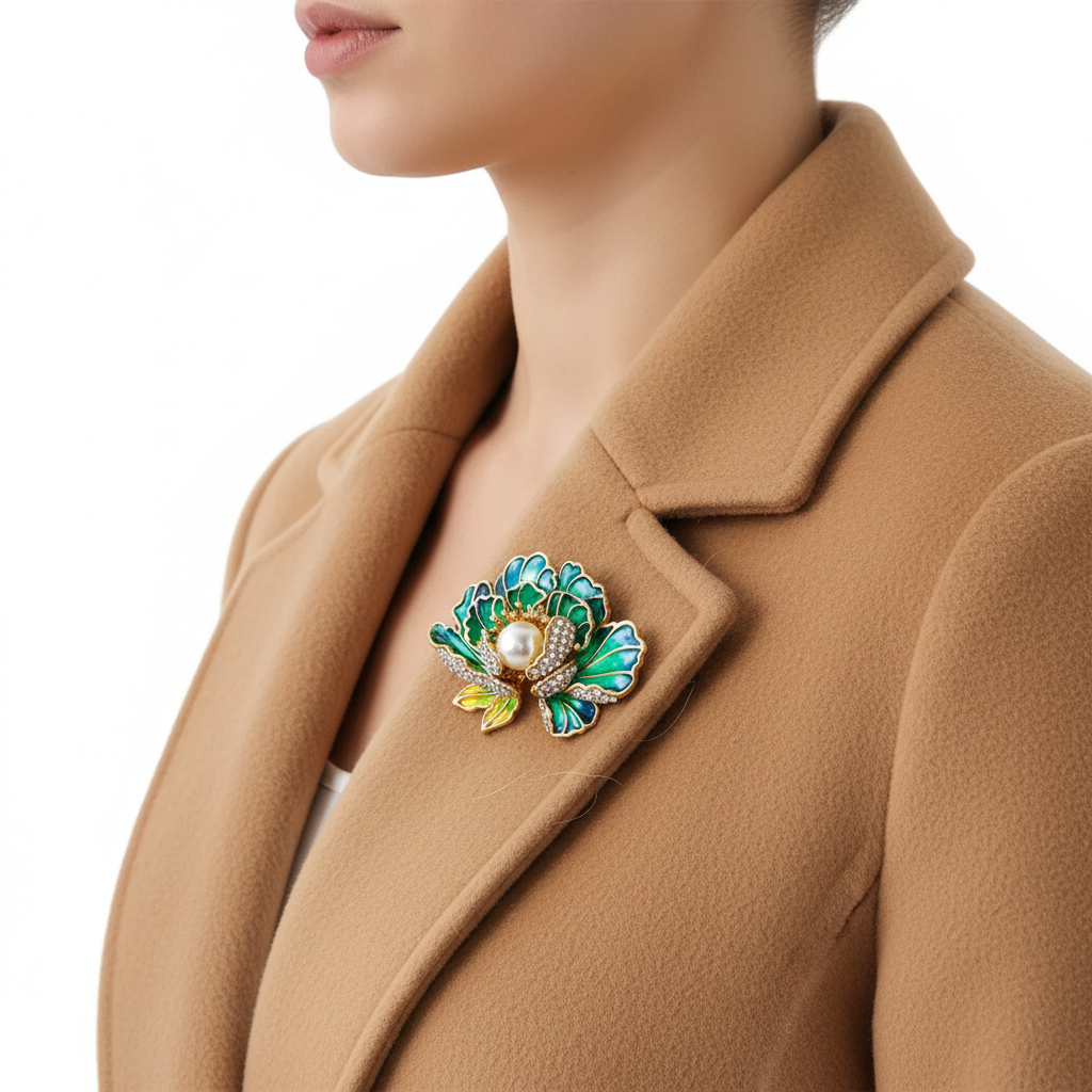 Teal Peony Brooch on Camel Coat