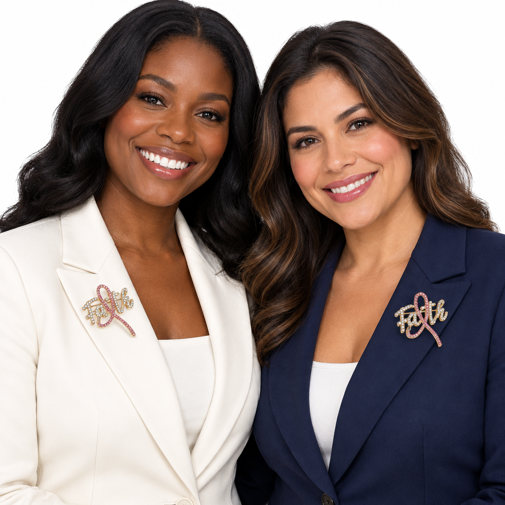 Two women wearing matching Pink Ribbon Faith brooches