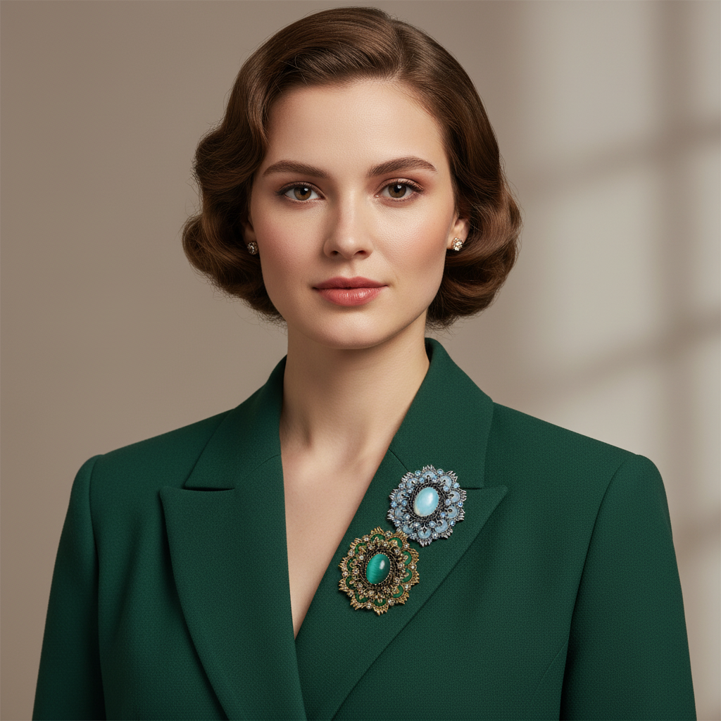 Vintage Brooch Set on Green Blazer