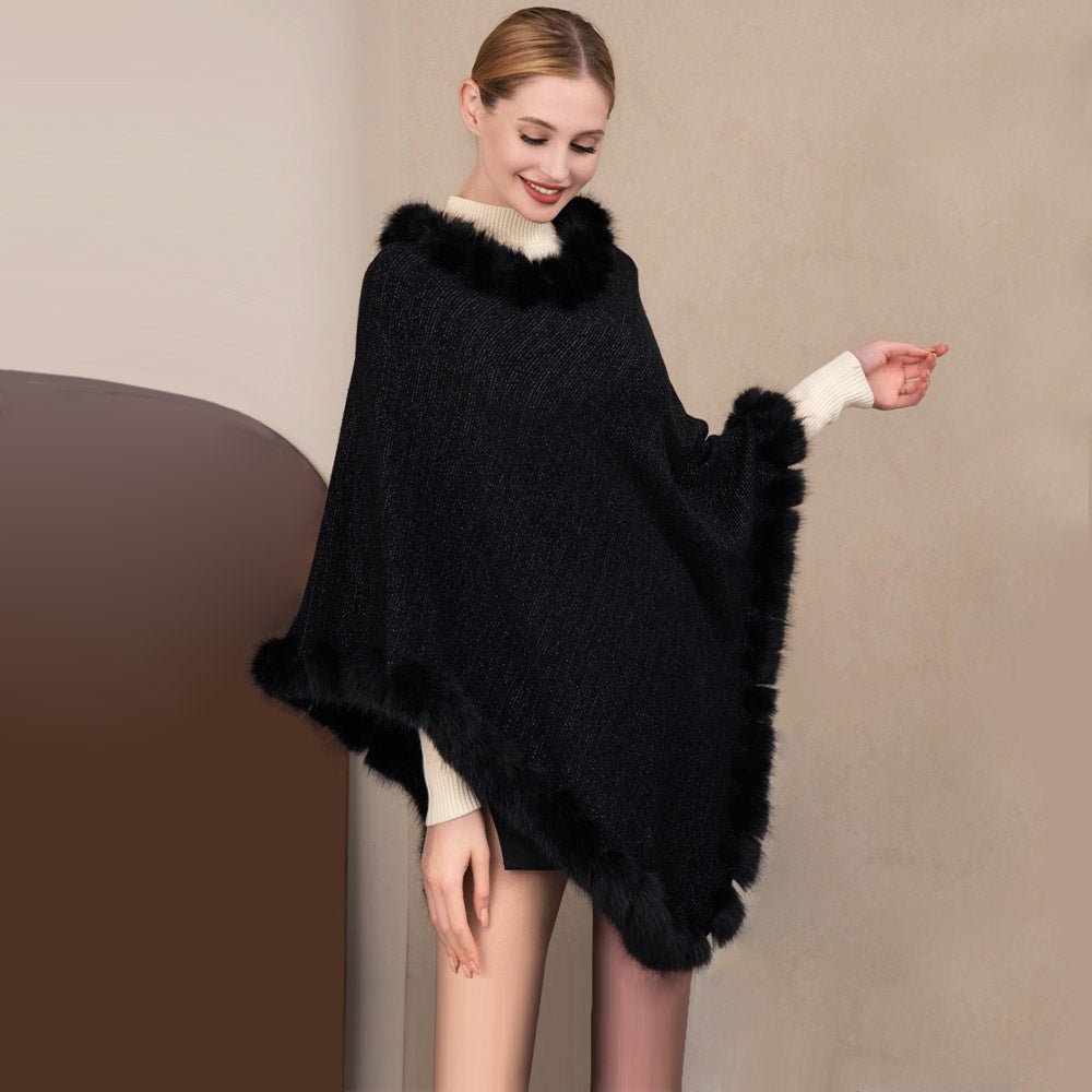 Faux Fur Accented Solid Poncho - Hautefull
