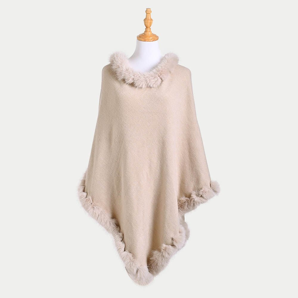 Faux Fur Accented Solid Poncho - Hautefull