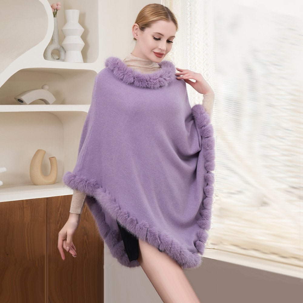 Faux Fur Accented Solid Poncho - Hautefull