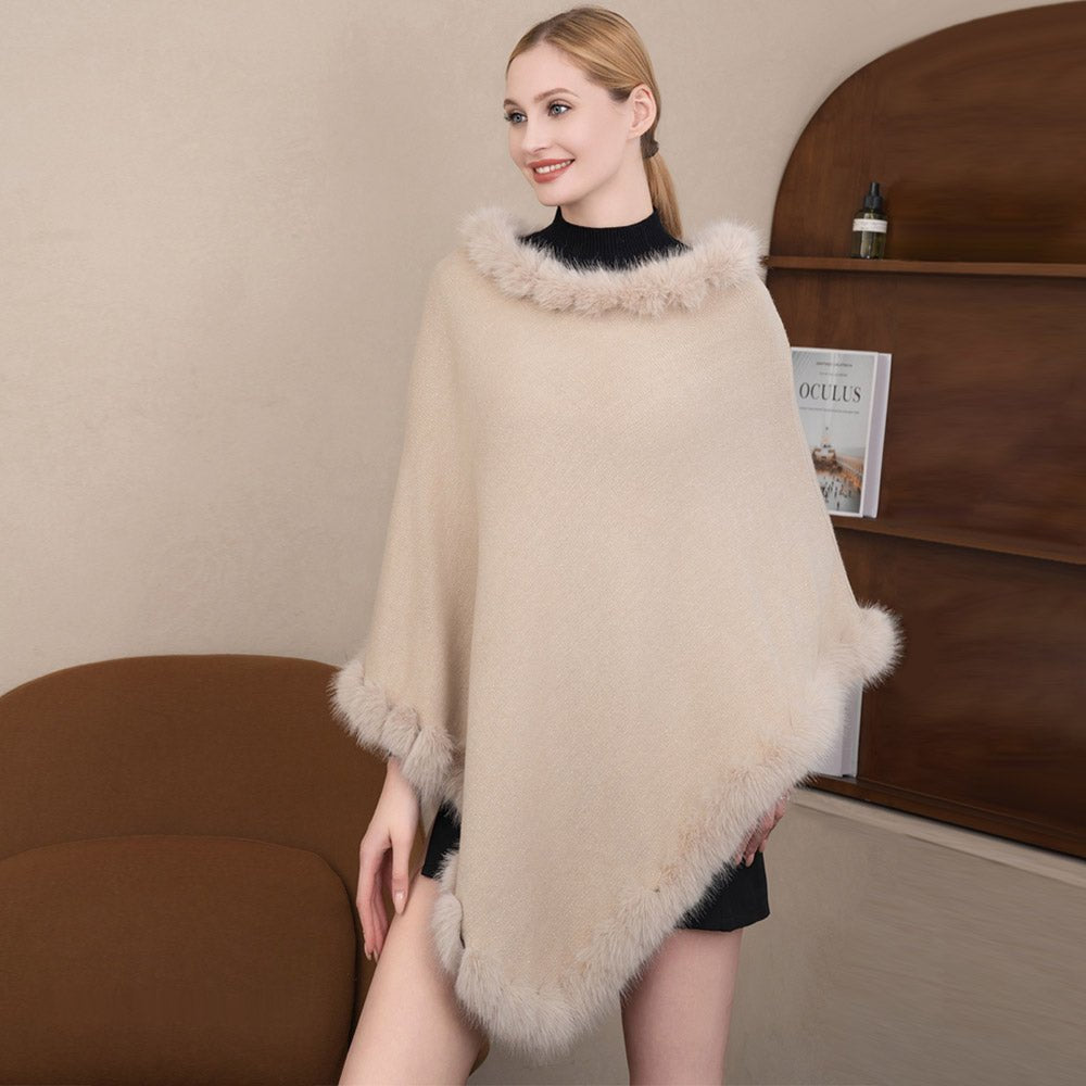 Faux Fur Accented Solid Poncho - Hautefull