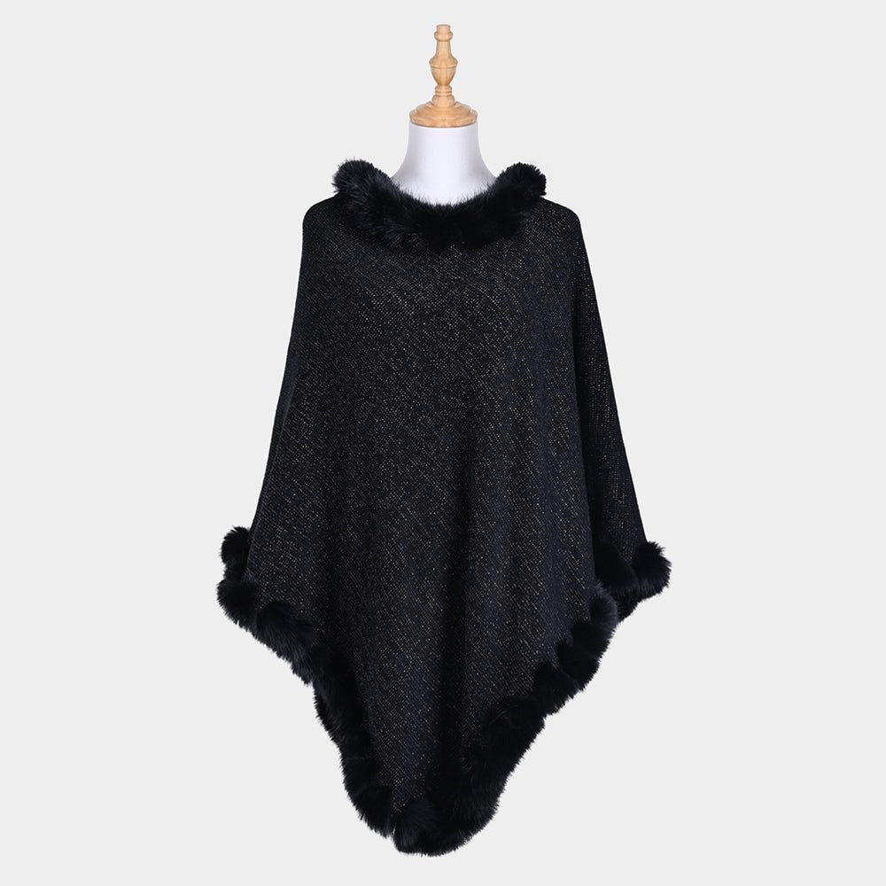Faux Fur Accented Solid Poncho - Hautefull