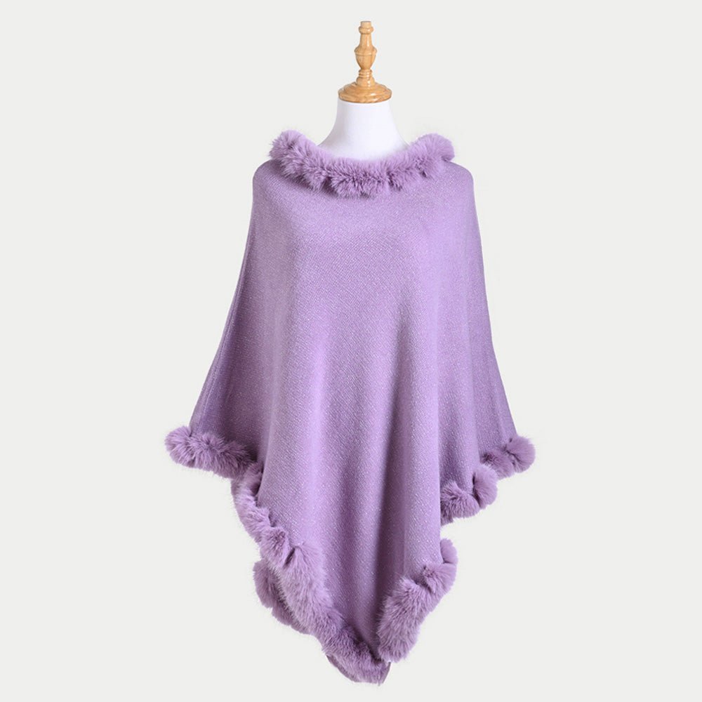 Faux Fur Accented Solid Poncho - Hautefull