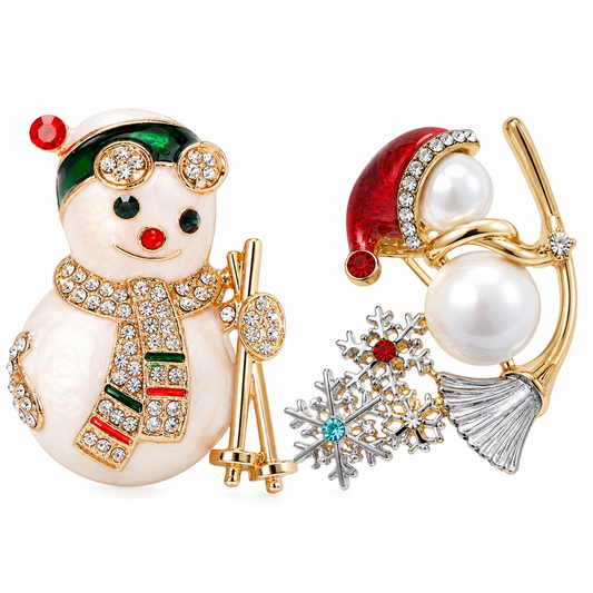 Christmas Snowman Brooch Set – 2 Holiday Pins with Rhinestone & Faux Pearl Details
