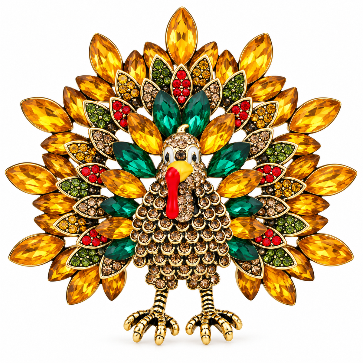 Rhinestone Turkey Brooch Set of 2 – Blue & Gold Thanksgiving Pins