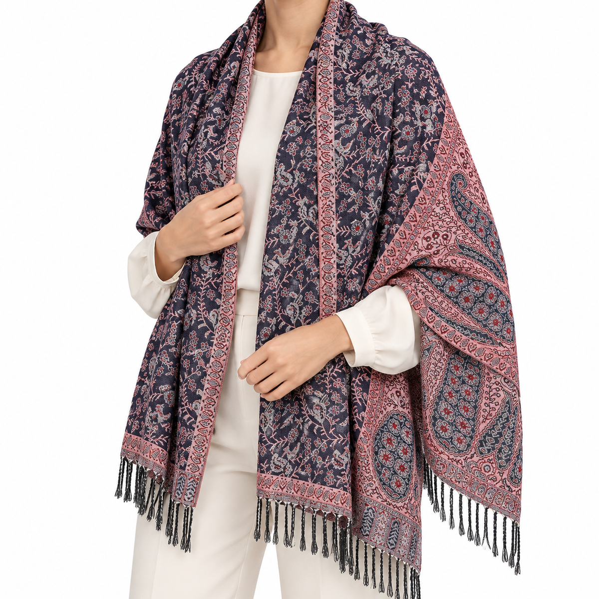 Women’s Black & Pink Floral Paisley Scarf with Fringe