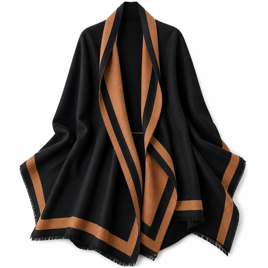 Black & Camel Reversible Striped Shawl Wrap with Fringe Edges