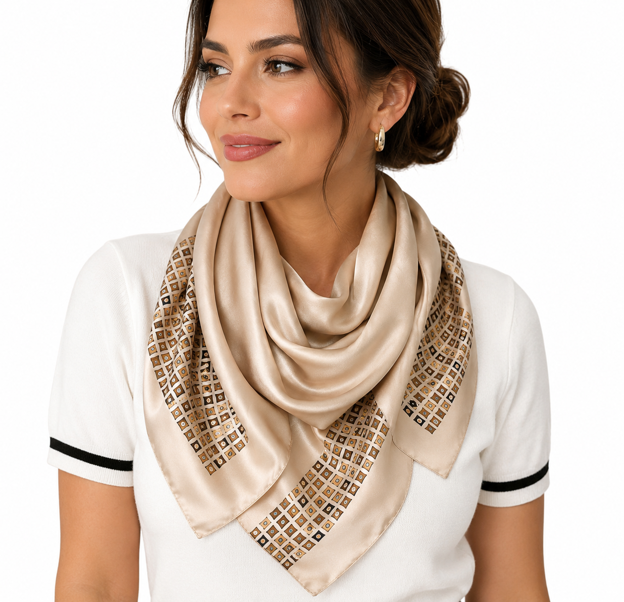Champagne Silk-Feel Square Scarf with Geometric Border | 35" x 35"
