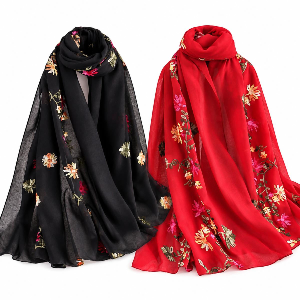 2-Piece Floral Embroidered Scarf Set, Black & Red