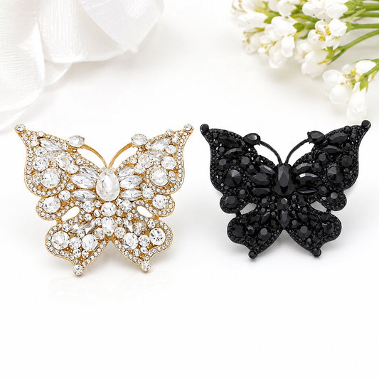 2 Piece Crystal Butterfly Brooch Pin Set Gold and Black Rhinestone Lapel Pins