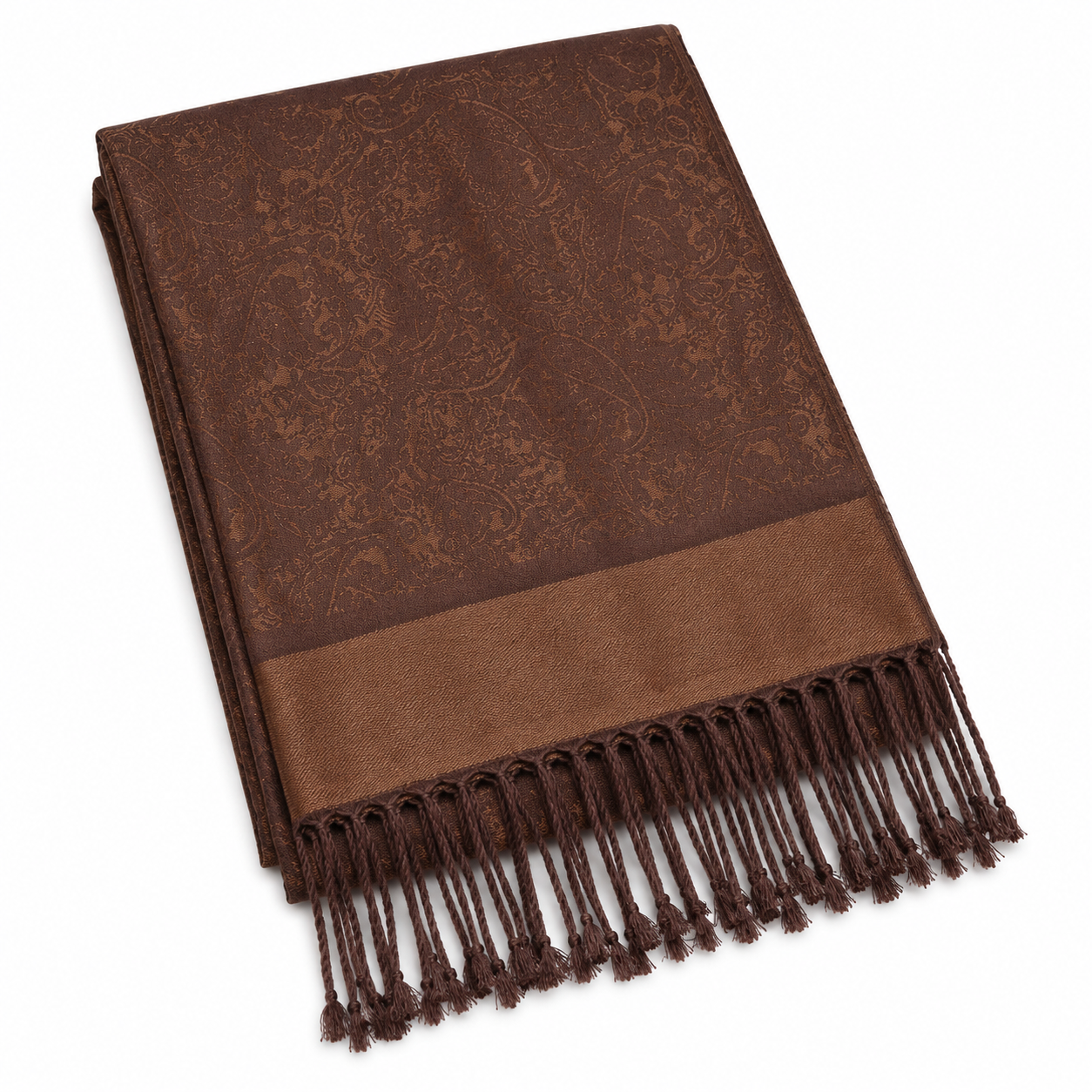 Brown Paisley Jacquard Pashmina Shawl Wrap | 35" x 71" | Fringed Winter Scarf for Women