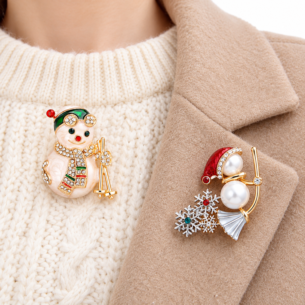 Christmas Snowman Brooch Set – 2 Holiday Pins with Rhinestone & Faux Pearl Details