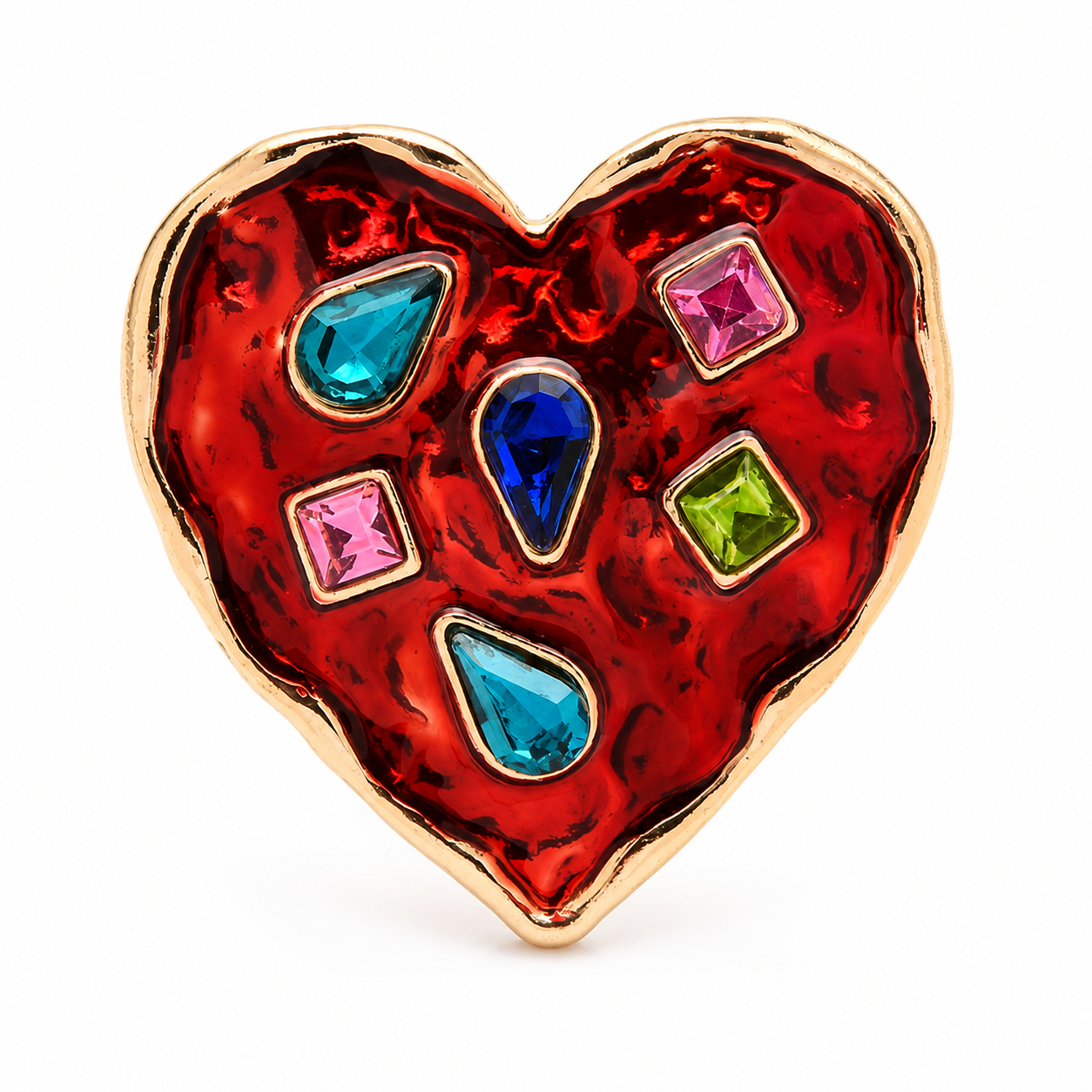 Red Enamel Heart Brooch Set of 3 – Pearl Border, Multicolor Gemstone & Crystal Star