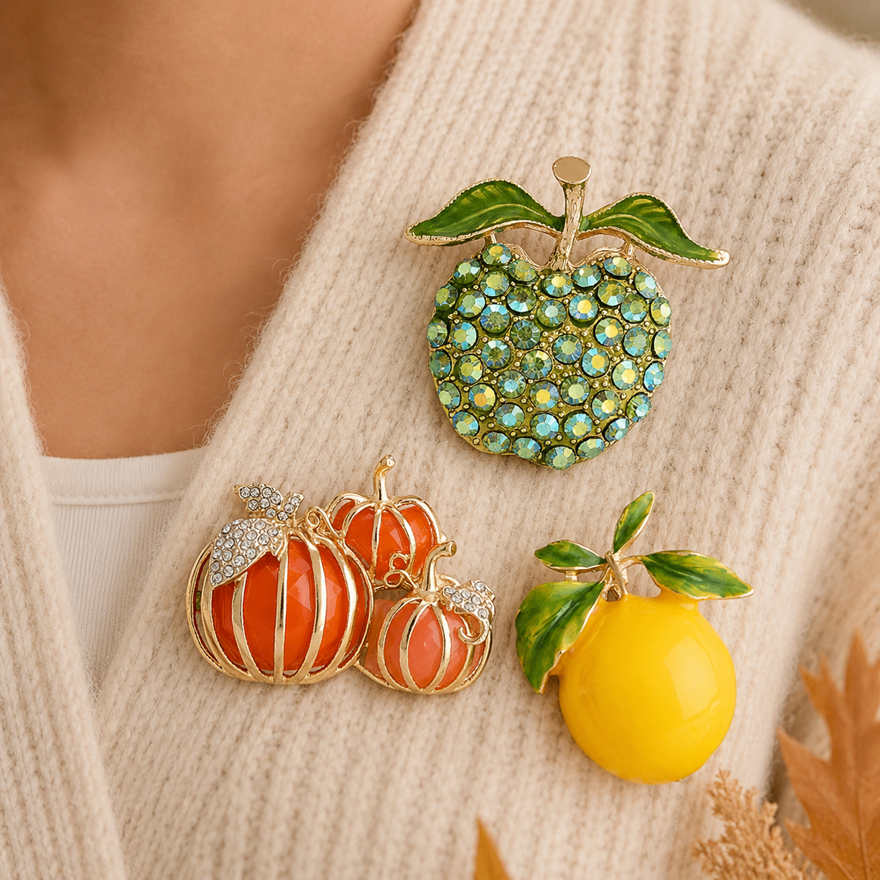 3-Piece Harvest Fruit Brooch Set – Apple, Pumpkin & Lemon Pins