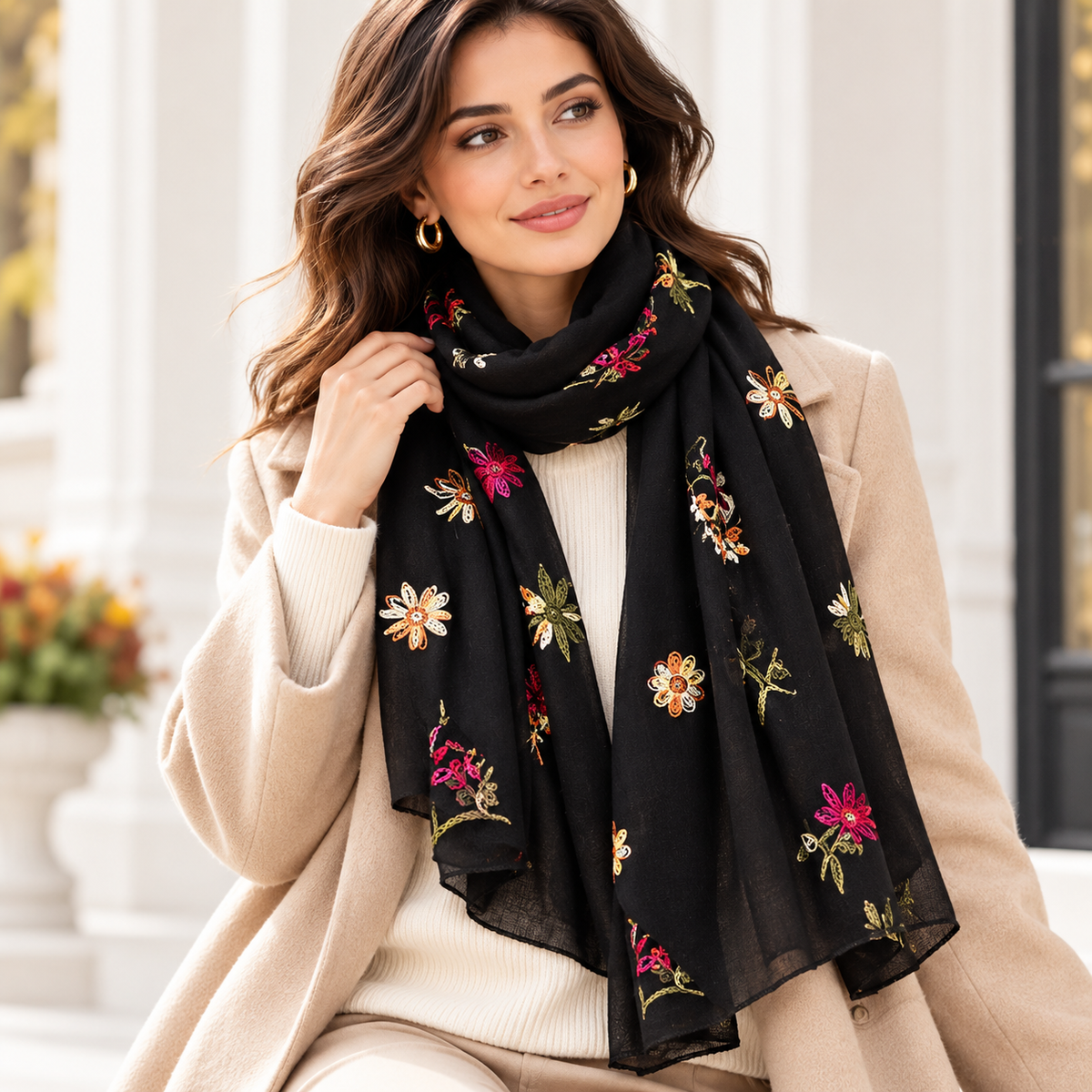 2-Piece Floral Embroidered Scarf Set, Black & Red