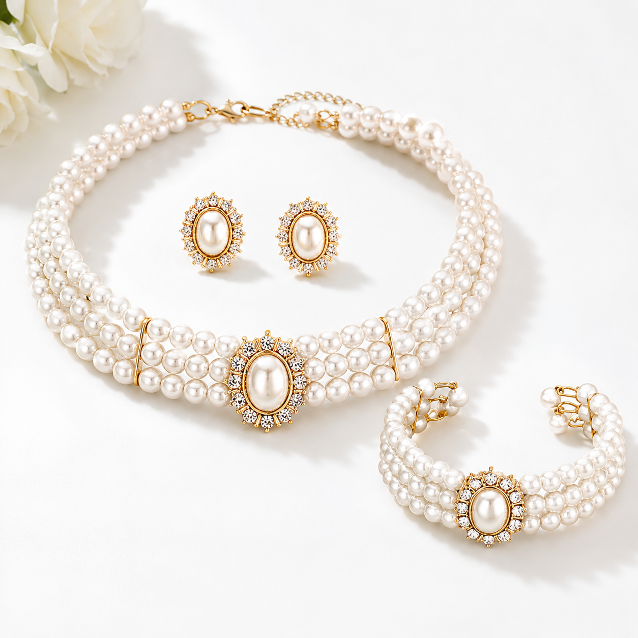 3pcs Pearl Rhinestone Necklace Earrings Bracelet Wedding Guest Jewelry Set