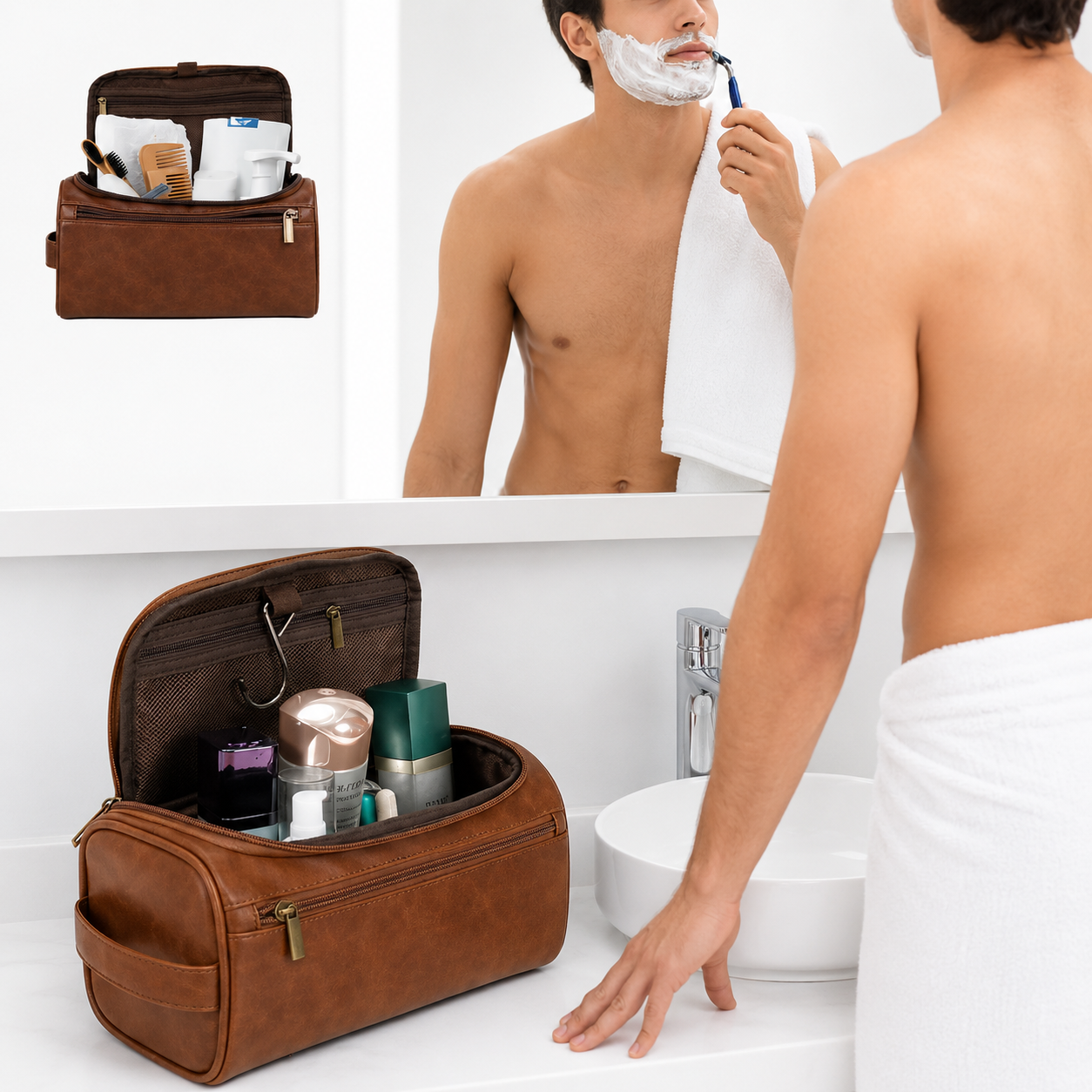 Vegan Leather Travel Toiletry Bag with Hanging Hook