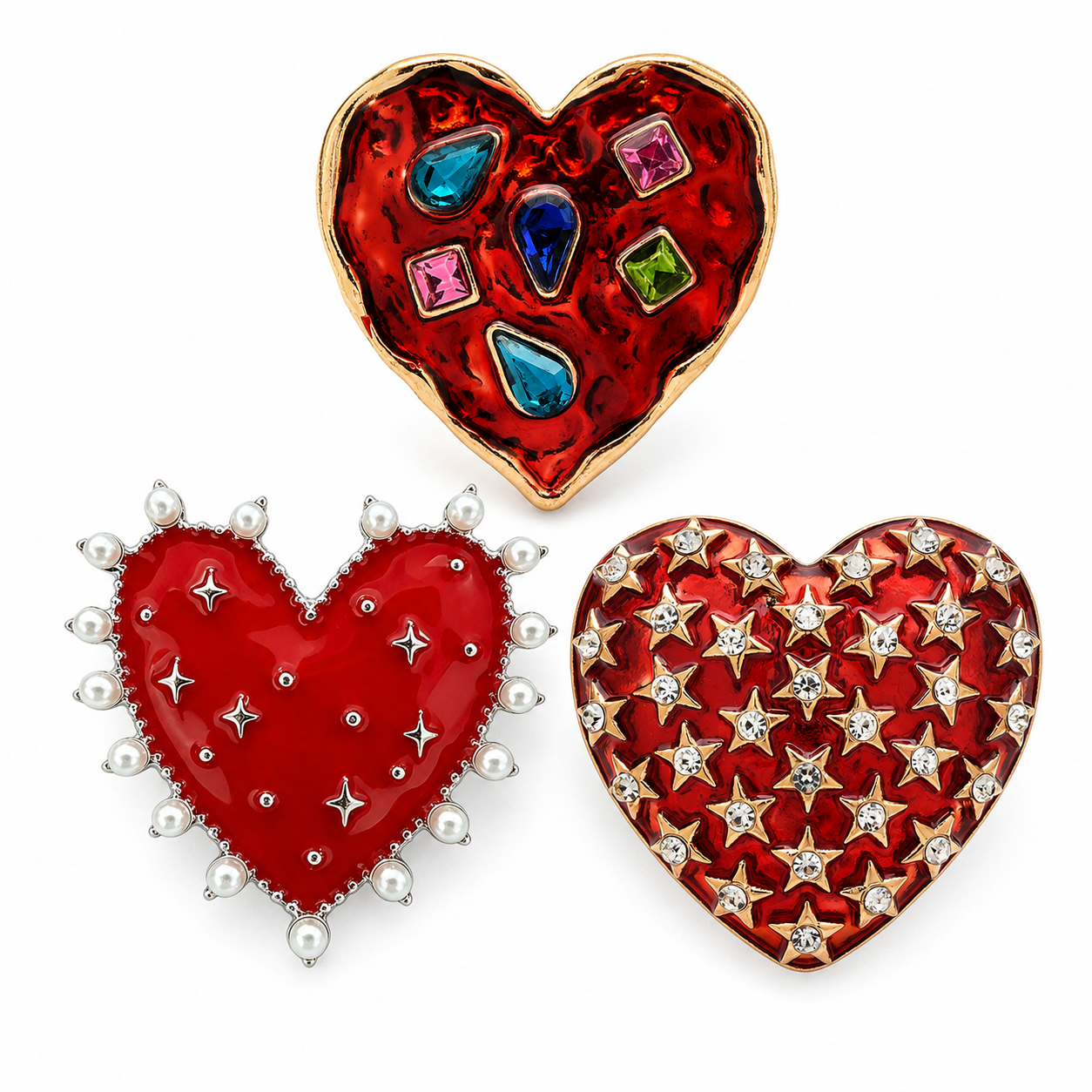 Red Enamel Heart Brooch Set of 3 – Pearl Border, Multicolor Gemstone & Crystal Star