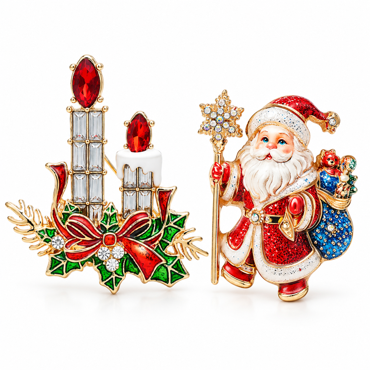 2-Piece Christmas Brooch Set – Santa & Rhinestone Candle Pins