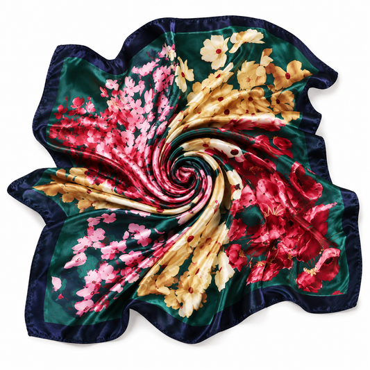 Floral Silk Satin Square Scarf – Emerald Green & Navy Border | 35" x 35"