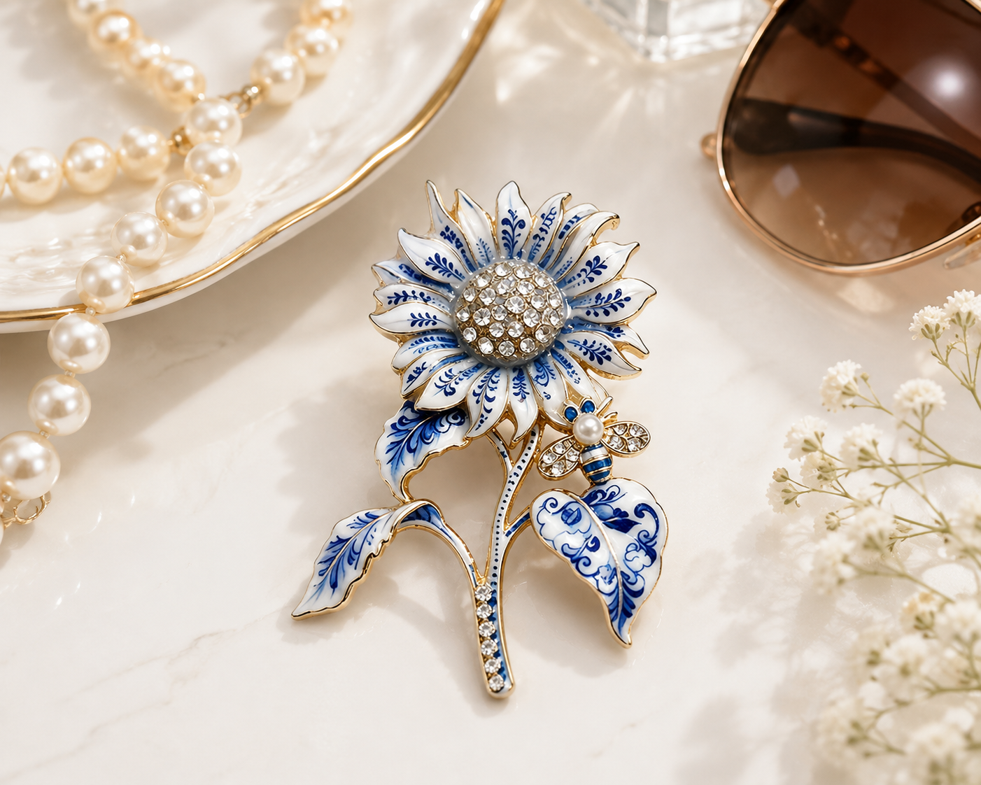 Blue Porcelain Sunflower & Bee Brooch
