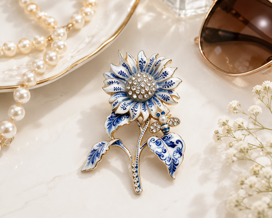 Blue Porcelain Sunflower & Bee Brooch