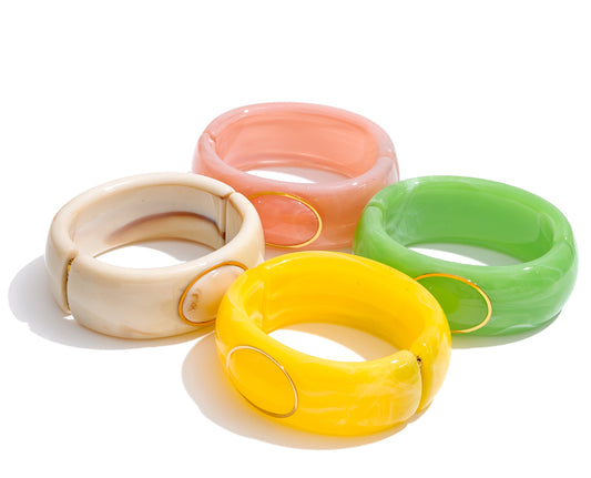 Pink Resin Oval Accent Cuff Bracelet for Women – Chunky Gold Tone Statement Bangle