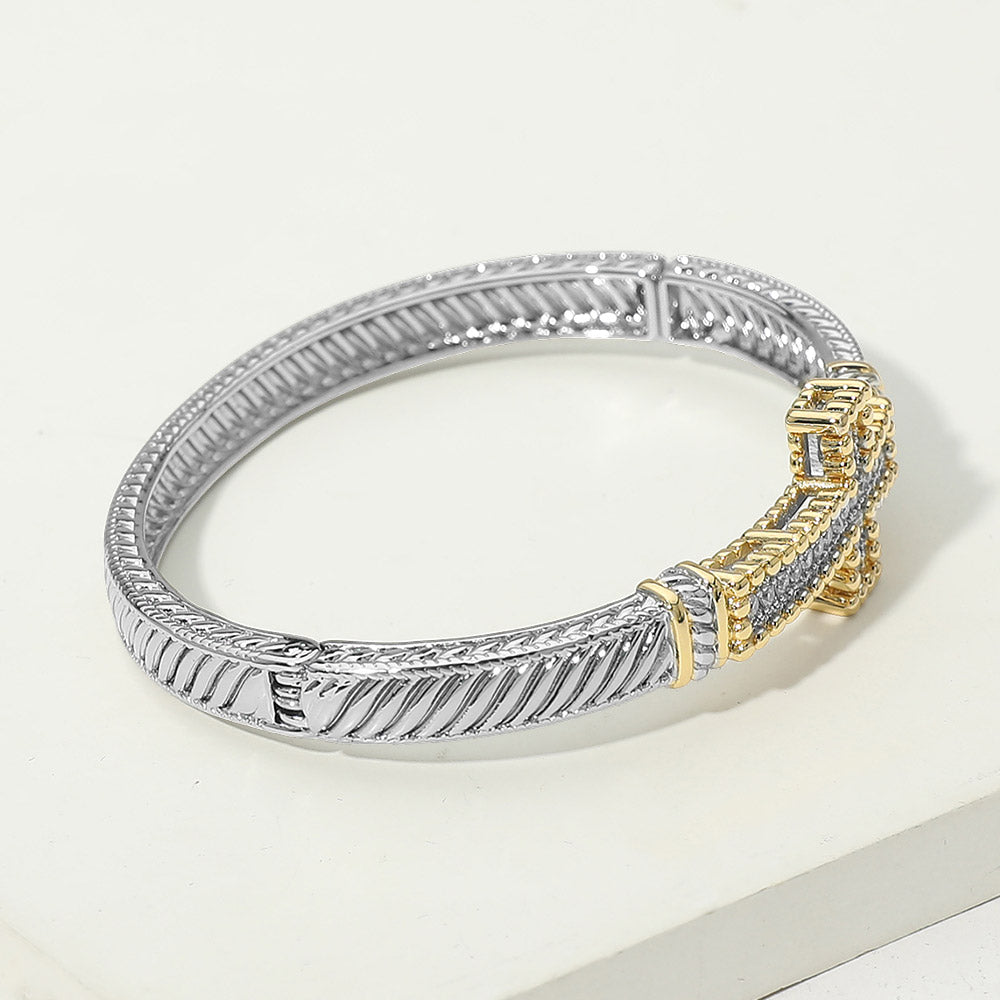 14K Gold Plated Two Tone CZ Pave Cross Hinged Bangle Bracelet