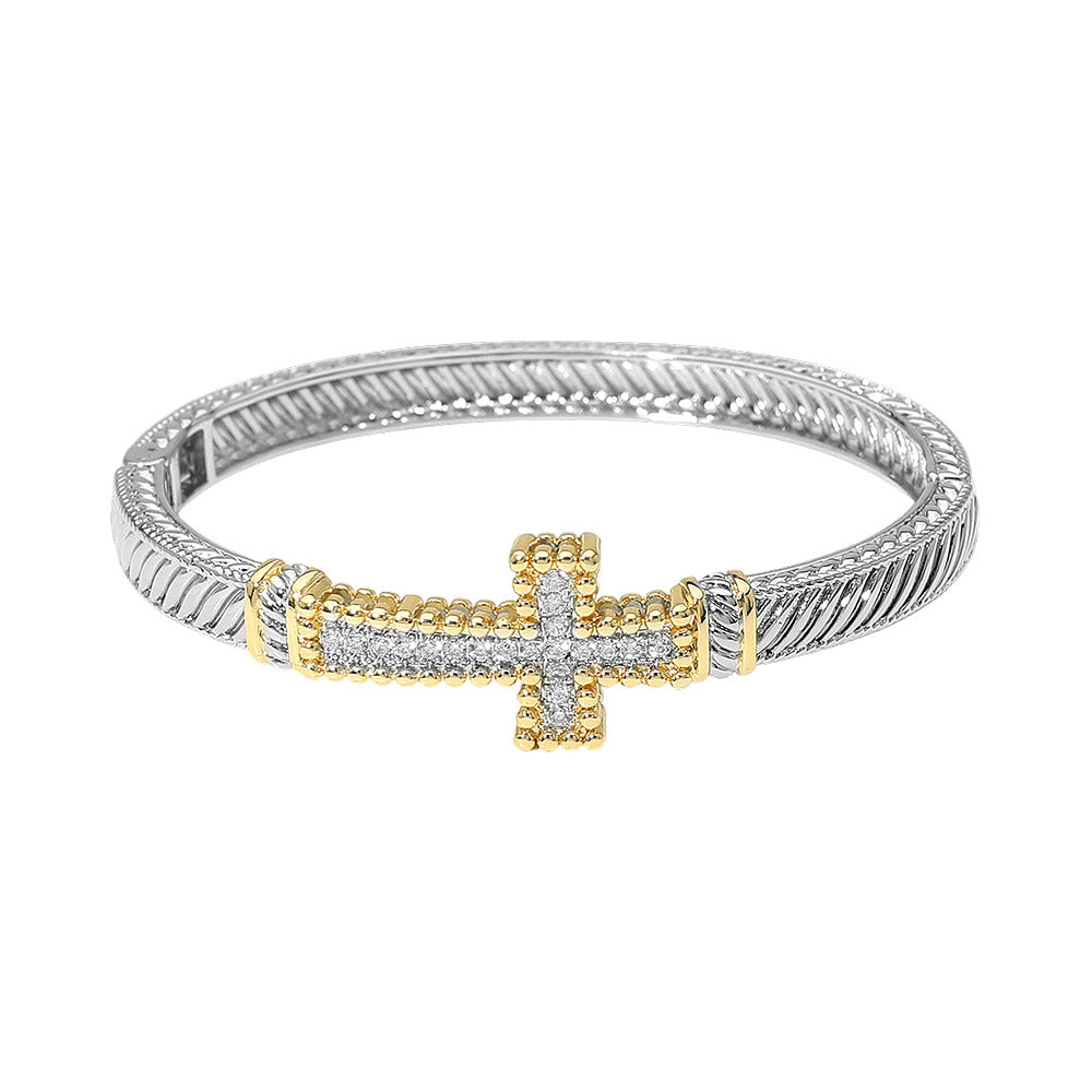 14K Gold Plated Two Tone CZ Pave Cross Hinged Bangle Bracelet