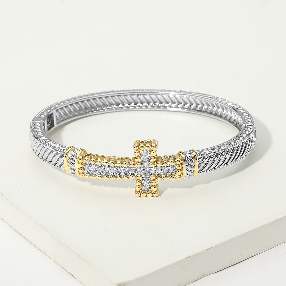 14K Gold Plated Two Tone CZ Pave Cross Hinged Bangle Bracelet
