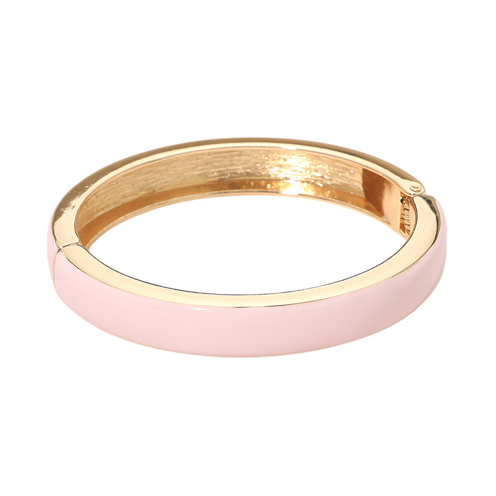 Gold Plated Light Pink Enamel Hinged Bangle Bracelet for Women