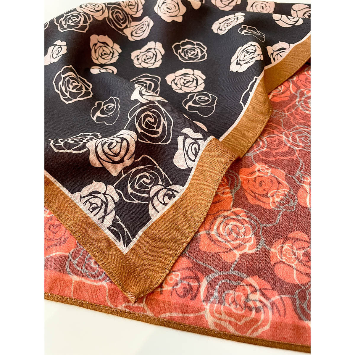 Floral Garden Rose Silk-Feel Square Scarf - close-up showing double-sided detail and caramel border