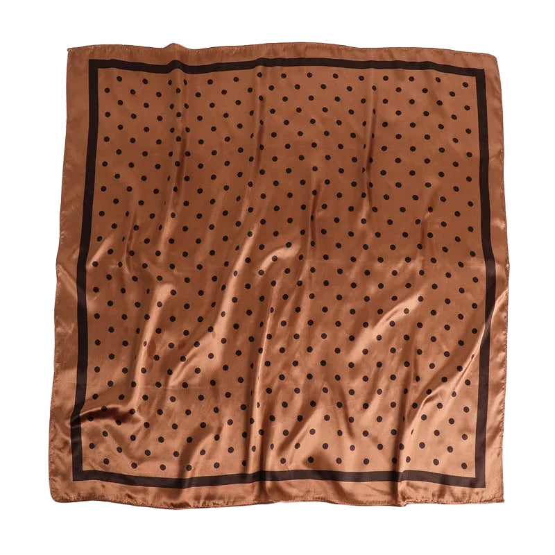 Cognac brown polka dot silk-feel square scarf laid flat showing full print and border stripe
