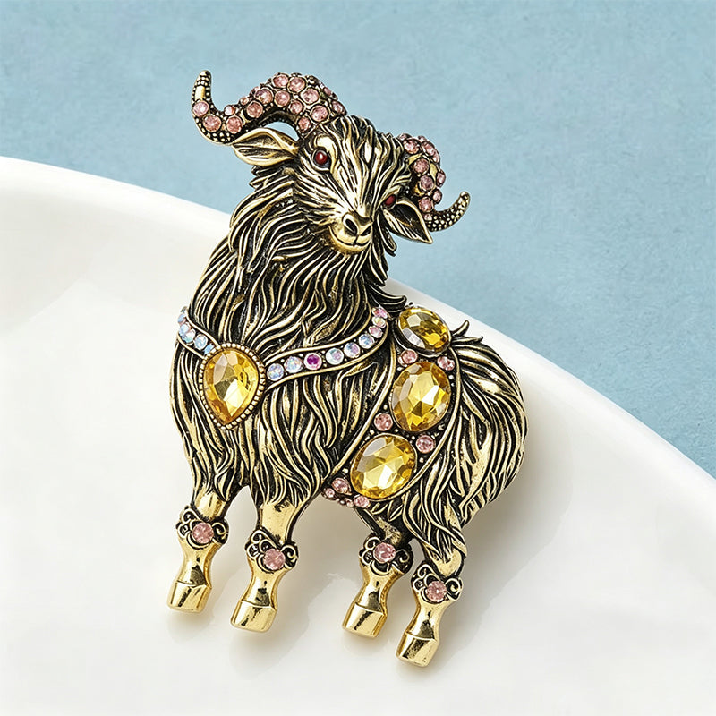 Antique gold ram brooch with rhinestone accents – collector's statement brooch