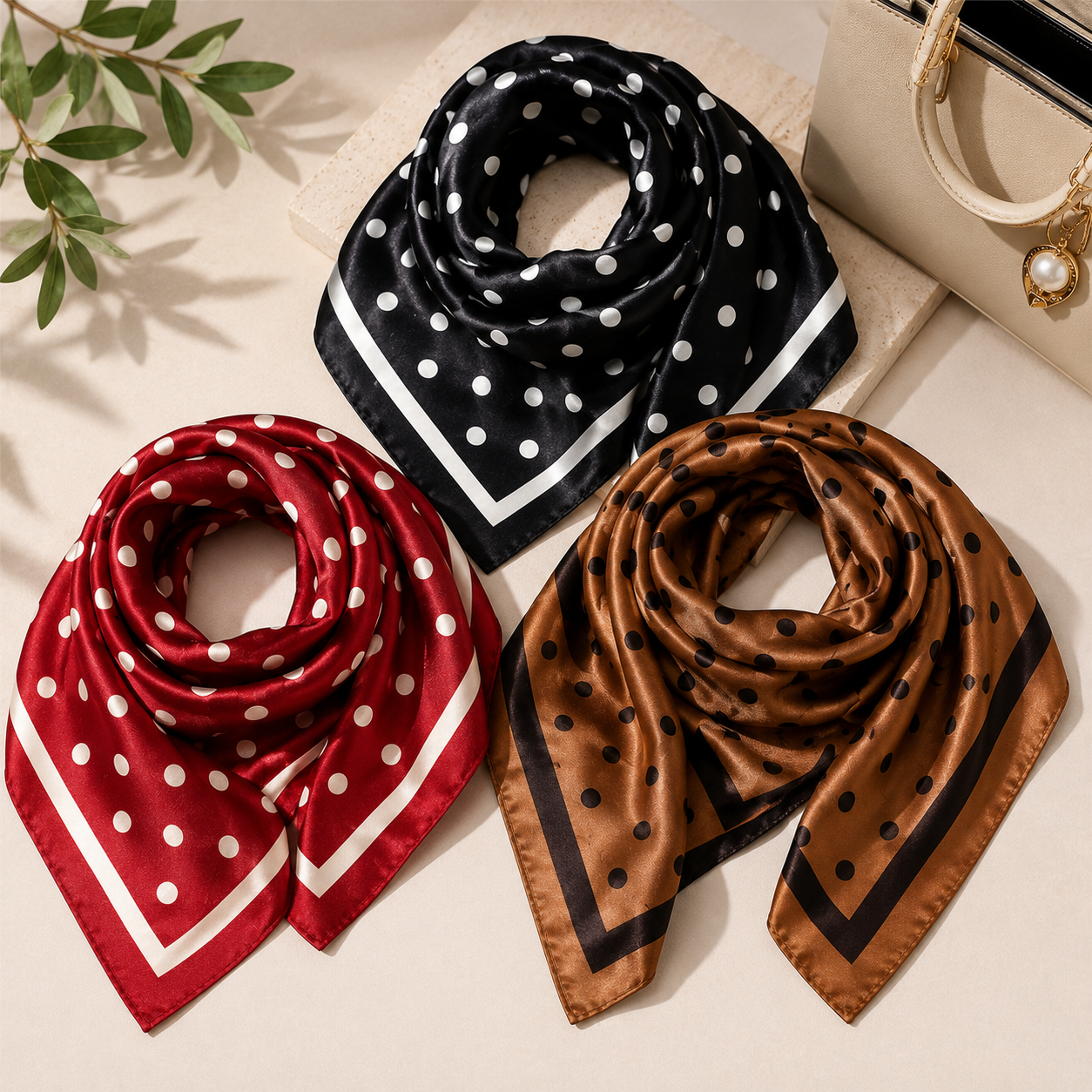 3-piece polka dot silk-feel satin square scarf set – black, red and caramel colorways styled together