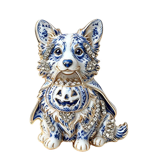 Halloween Corgi Dog Brooch in blue and white enamel with crystal rhinestones – front view