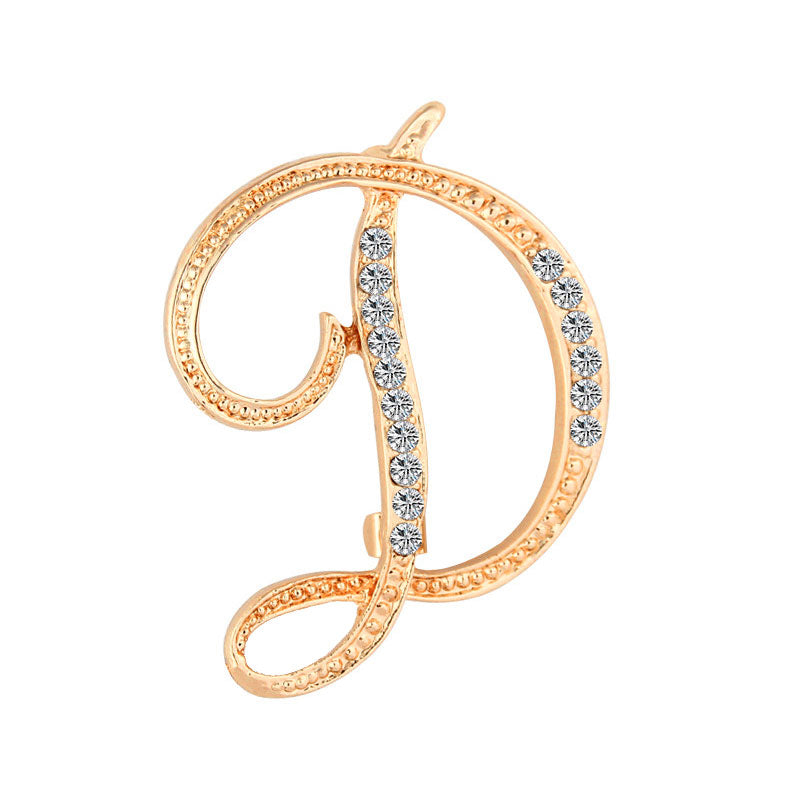 Gold Crystal Initial D Letter Brooch Pin in cursive script with clear rhinestone crystals on gold-tone metal